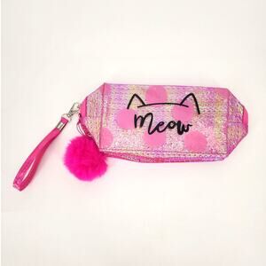 Holographic Pink "Meow" Cat Makeup Bag with Wrist Strap & Pom Pom